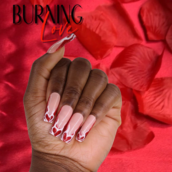 Red Fire Heart Sparkle French Tip Valentines Day Press On Nails